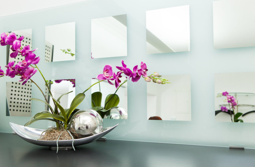 Schöne lila Orchidee am Praxisempfang in unserer Zahnarztpraxis.